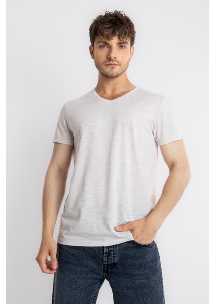 Erkek/ V-Yaka T-Shirt Disimplo - Kahve Melanj