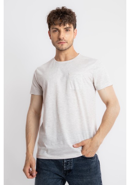 Erkek/ O-Yaka Cepli T-Shirt Bolsillo - Kahve Melanj