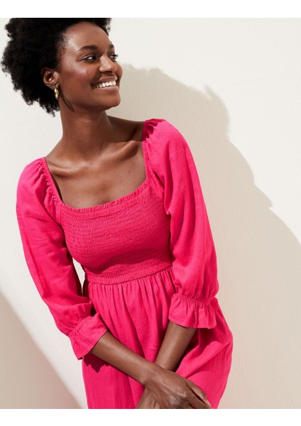 Regular Fit Midi Keten Elbise