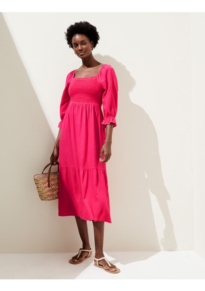Regular Fit Midi Keten Elbise