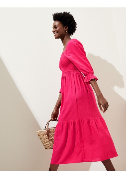 Regular Fit Midi Keten Elbise