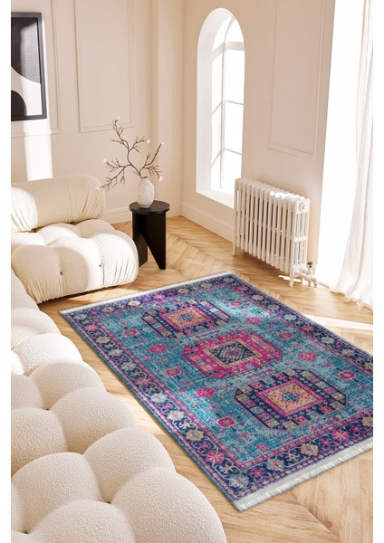 Roslyn Home Eskitme Vintage Yıkanabilir Kaymaz Taban Kilim Dijital Baskı Yolluk Kadife Kumaş Dokuma Taban Halı