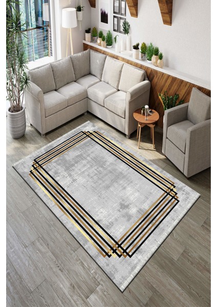 Roslyn Home Gri Gold Modern Çizgili Kaymaz Tabanlı Yıkanabilir Kilim Yolluk Süngerli Dot Taban Mutfak Halısı