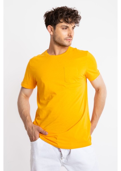 Erkek/ O-Yaka Cepli T-Shirt Bolsillo - Koyu Sarı
