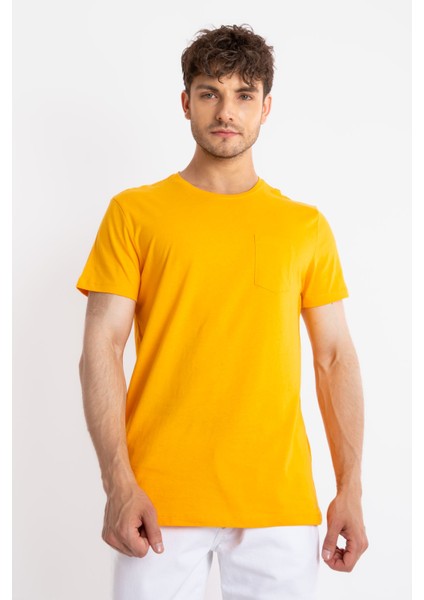 Erkek/ O-Yaka Cepli T-Shirt Bolsillo - Koyu Sarı fiyatları