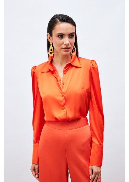 Vatkalı Saten Gömlek - Oranj fiyatları