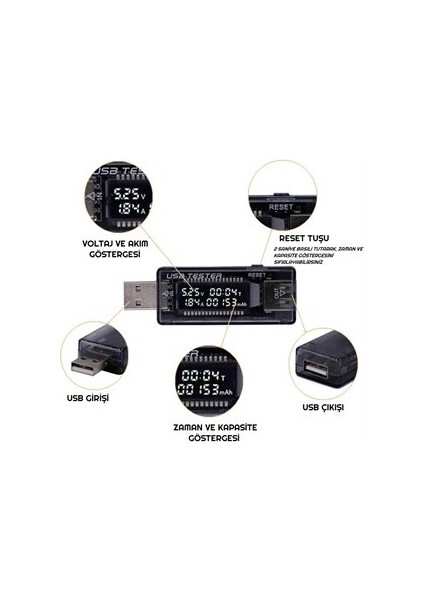 LED Ekranlı USB Voltmetre Ampermetre USB Şarj Kapasitesi Test Cihazı