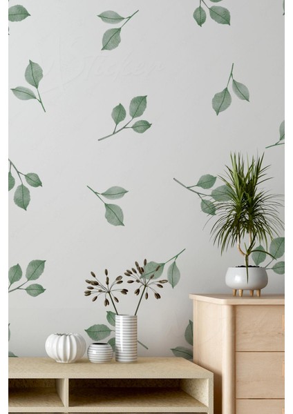 Bohem Şeffaf Yeşil Yapraklar Sticker Seti 40 Adet Cam Duvar Sticker Seti