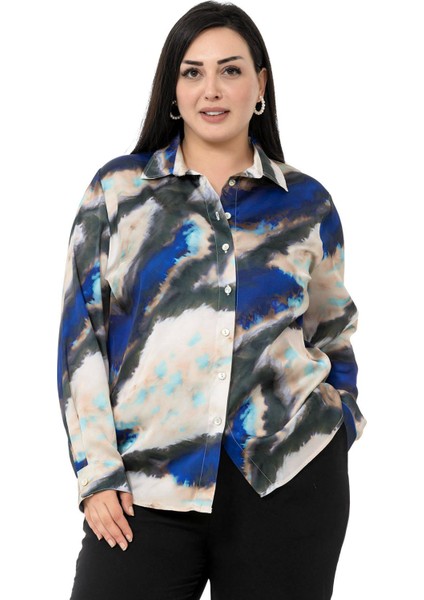 Büyük Beden Batik Desenli Saten Lacivert Gömlek