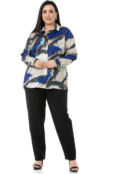 Büyük Beden Batik Desenli Saten Lacivert Gömlek fiyatları