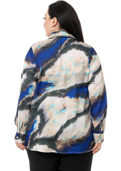 Büyük Beden Batik Desenli Saten Lacivert Gömlek modelleri