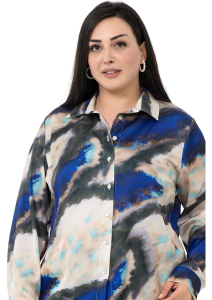 Büyük Beden Batik Desenli Saten Lacivert Gömlek indirimleri