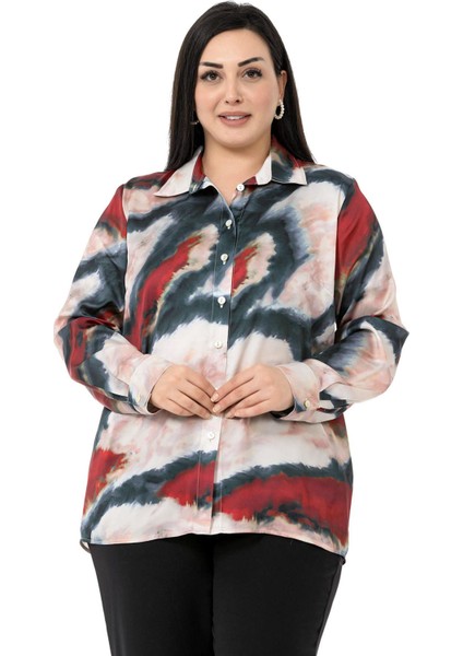 Büyük Beden Batik Desenli Saten Bordo Gömlek
