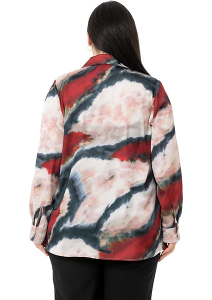 Büyük Beden Batik Desenli Saten Bordo Gömlek modelleri