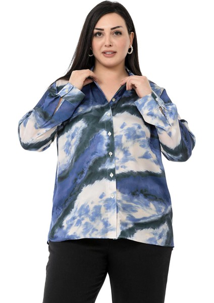Büyük Beden Batik Desenli Saten Indigo Gömlek