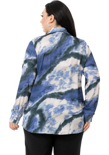 Büyük Beden Batik Desenli Saten Indigo Gömlek modelleri