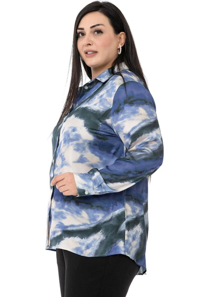 Büyük Beden Batik Desenli Saten Indigo Gömlek fırsatları