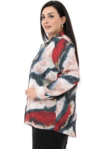 Büyük Beden Batik Desenli Saten Bordo Gömlek