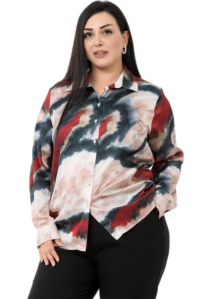Büyük Beden Batik Desenli Saten Bordo Gömlek