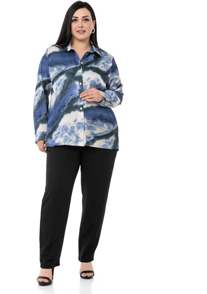 Büyük Beden Batik Desenli Saten Indigo Gömlek