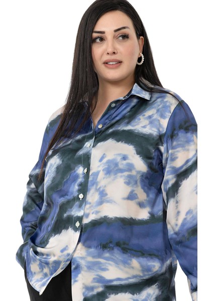 Büyük Beden Batik Desenli Saten Indigo Gömlek