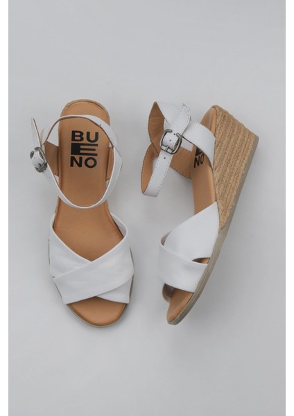 Beyaz Deri Kadın Dolgu Topuklu Espadril Sandalet 01WS11100
