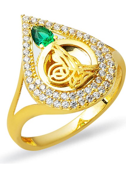 14 Ayar Yeşil Taşlı Damla Tuğra Altın Yüzük