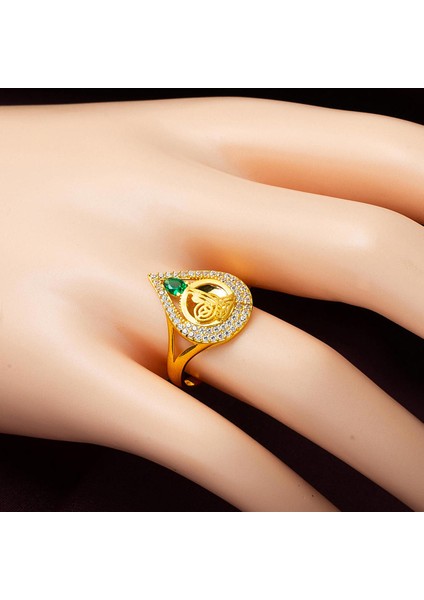 14 Ayar Yeşil Taşlı Damla Tuğra Altın Yüzük fiyatları