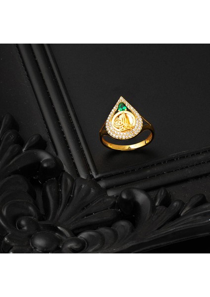 14 Ayar Yeşil Taşlı Damla Tuğra Altın Yüzük modelleri