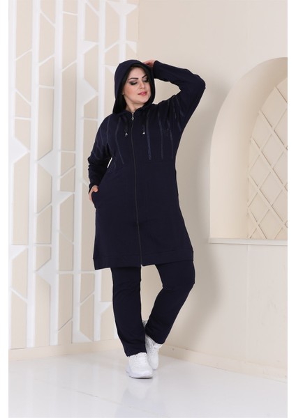 Kadın Taş Detaylı Fermuarlı Kapüşonlu Tesettür Battal Eşofman Takımı fiyatları