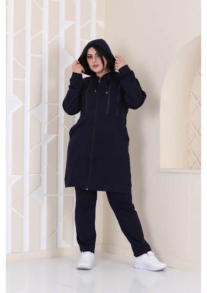 Kadın Taş Detaylı Fermuarlı Kapüşonlu Tesettür Battal Eşofman Takımı modelleri