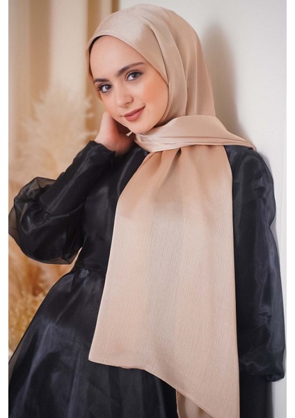 Abiye Janjan Parlak Saten Dokulu Tesettür Abiye Şifon Şal