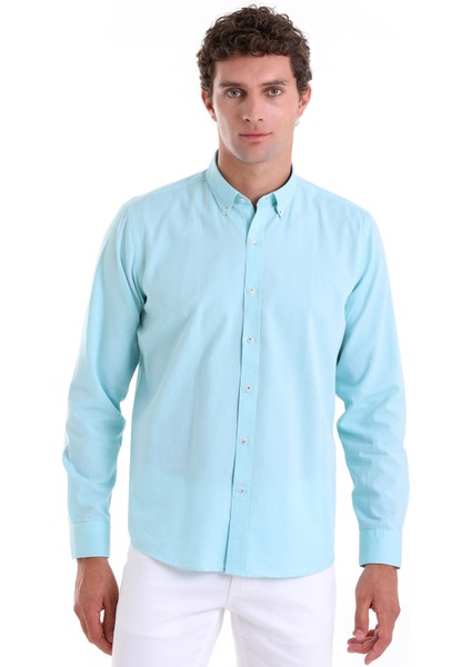 Su Yeşili Comfort Fit Düz 100% Pamuk Slim Yaka Uzun Kollu Casual Oxford Gömlek fiyatları