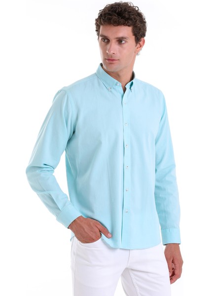 Su Yeşili Comfort Fit Düz 100% Pamuk Slim Yaka Uzun Kollu Casual Oxford Gömlek modelleri