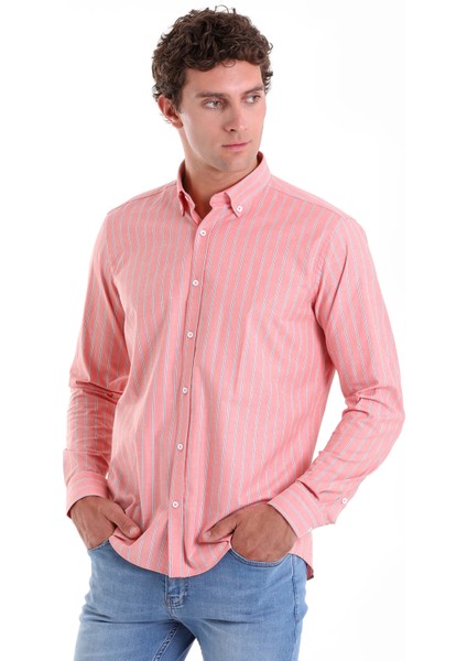 Turuncu Ç. Slim Fit Çizgili Slim Yaka Pamuklu Uzun Kollu Casual Gömlek fiyatları