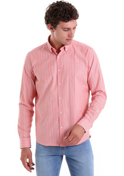 Turuncu Ç. Slim Fit Çizgili Slim Yaka Pamuklu Uzun Kollu Casual Gömlek modelleri
