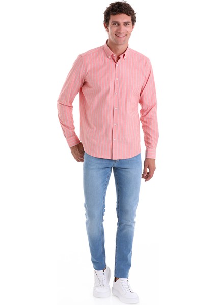 Turuncu Ç. Slim Fit Çizgili Slim Yaka Pamuklu Uzun Kollu Casual Gömlek fırsatları