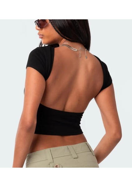 Derin Sırt Dekolteli Crop Bluz