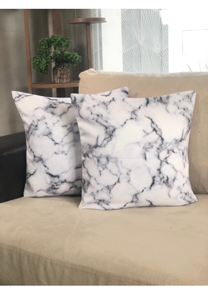 Desenizmir Dekoratif Kırlent Kılıfı Beyaz Mermer Desen 2'li