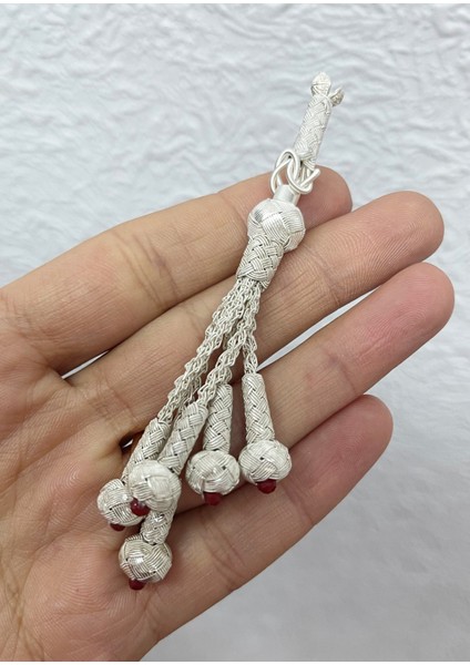 Gümüş Kazaziye Burgu Zincirli Bordo Detaylı Beş Sallantılı Tesbih Püskülü