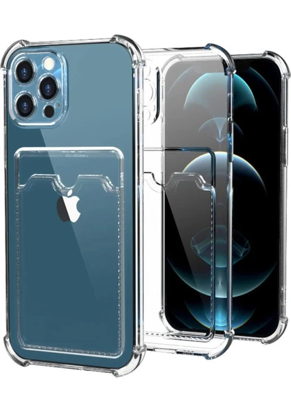 Caseart Apple iPhone 12 Pro Max Kapak Kamera Korumalı Kartlıklı Darbe Emici Özellikli Şeffaf Silikon Kılıf