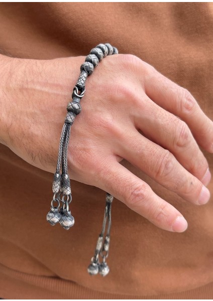 Gümüş Kazaziye Klasik Model Üç Püsküllü El Örgüsü Zaza Tesbih - Koleksiyon Tesbihi