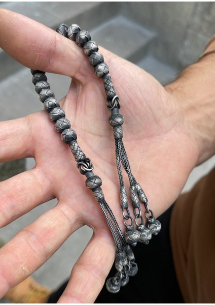 Gümüş Kazaziye Klasik Model Üç Püsküllü El Örgüsü Zaza Tesbih - Koleksiyon Tesbihi fiyatları