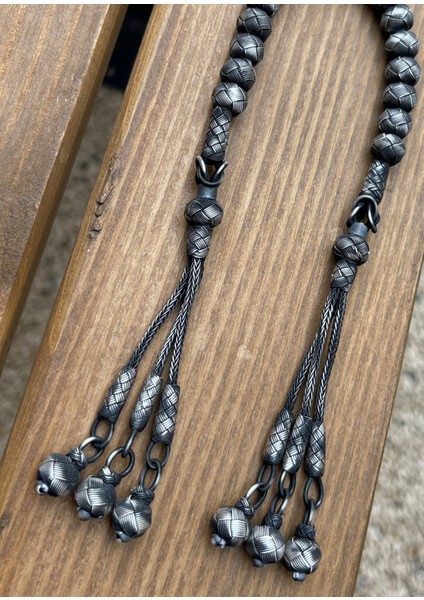 Gümüş Kazaziye Klasik Model Üç Püsküllü El Örgüsü Zaza Tesbih - Koleksiyon Tesbihi modelleri