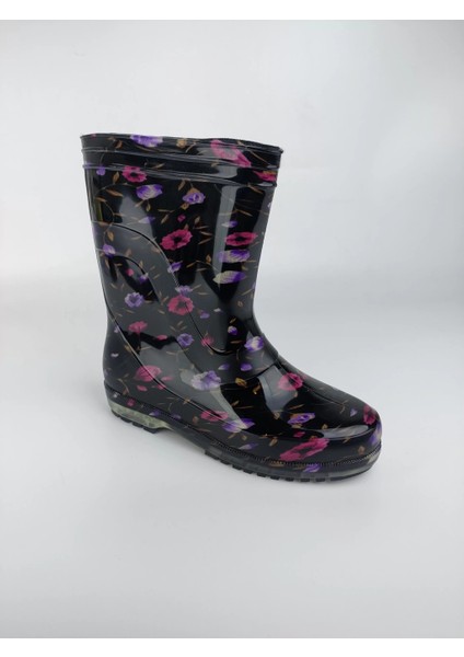 Kadın Çiçekli Mor Renk Yağmur Çizmesi Silikon Malzemeden 3 cm Topuklu Kışlık Kullanım
