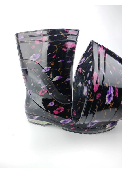 Kadın Çiçekli Mor Renk Yağmur Çizmesi Silikon Malzemeden 3 cm Topuklu Kışlık Kullanım fırsatları