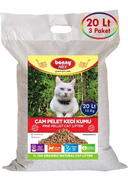 Doğal Çam Peleti Kedi Kumu 10 kg 20 Lt (3 Adet)