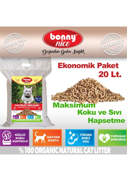 Doğal Çam Peleti Kedi Kumu 10 kg 20 Lt (3 Adet)