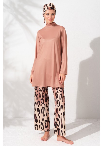 Uzunkollu Tesettür Mayo Desenli Kadın 85% Polyester 15% Elastane 5 Parça Set