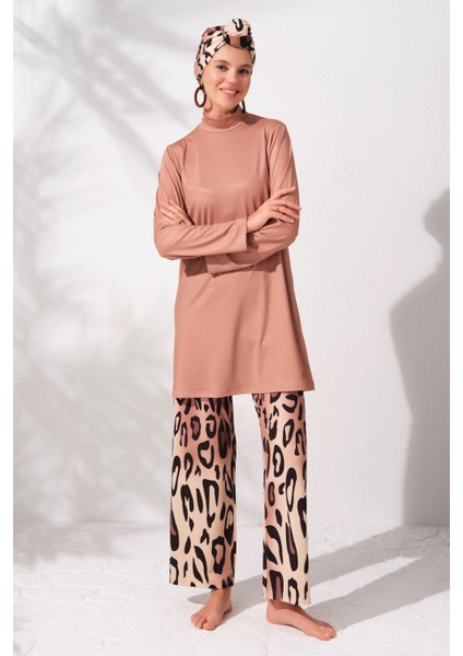 Uzunkollu Tesettür Mayo Desenli Kadın 85% Polyester 15% Elastane 5 Parça Set fırsatları